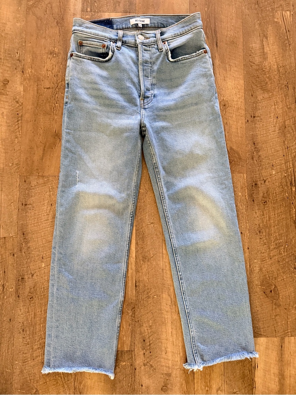 RE/DONE 70s High Rise Stove Pipe Jeans Comfort Stretch Raw Hem in Light Stone
